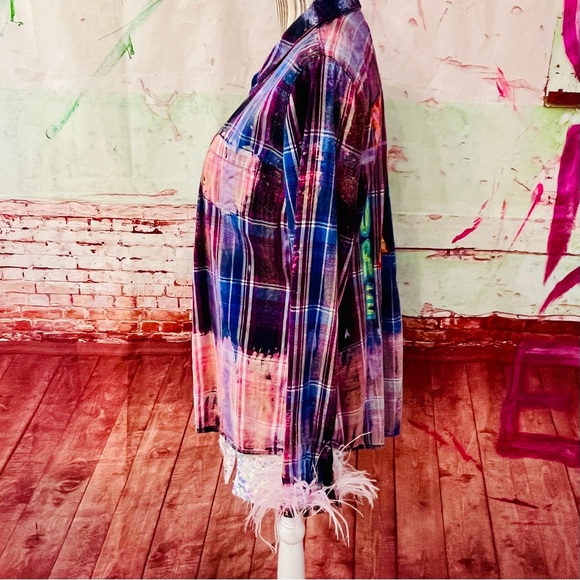 REWORKED VINTAGE FLANNEL DISTRESSED HAND PAINTED  w OSTRICH FEATHER CUFFS - Picture 3 of 7